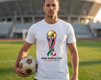 Maglietta con la bandiera e il trofeo dei Mondiali di calcio 2026 USA Canada Messico, maglietta per tifosi di calcio