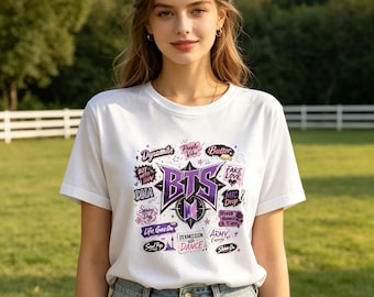 T-shirt unisex con grafica viola dei BTS Kpop per il concerto.