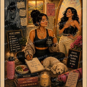 May include: An inspirational art print featuring a woman in a black outfit, writing in a notebook, with a dog, coffee mug, and motivational text. The artwork includes a mirror reflection and various self-care items.