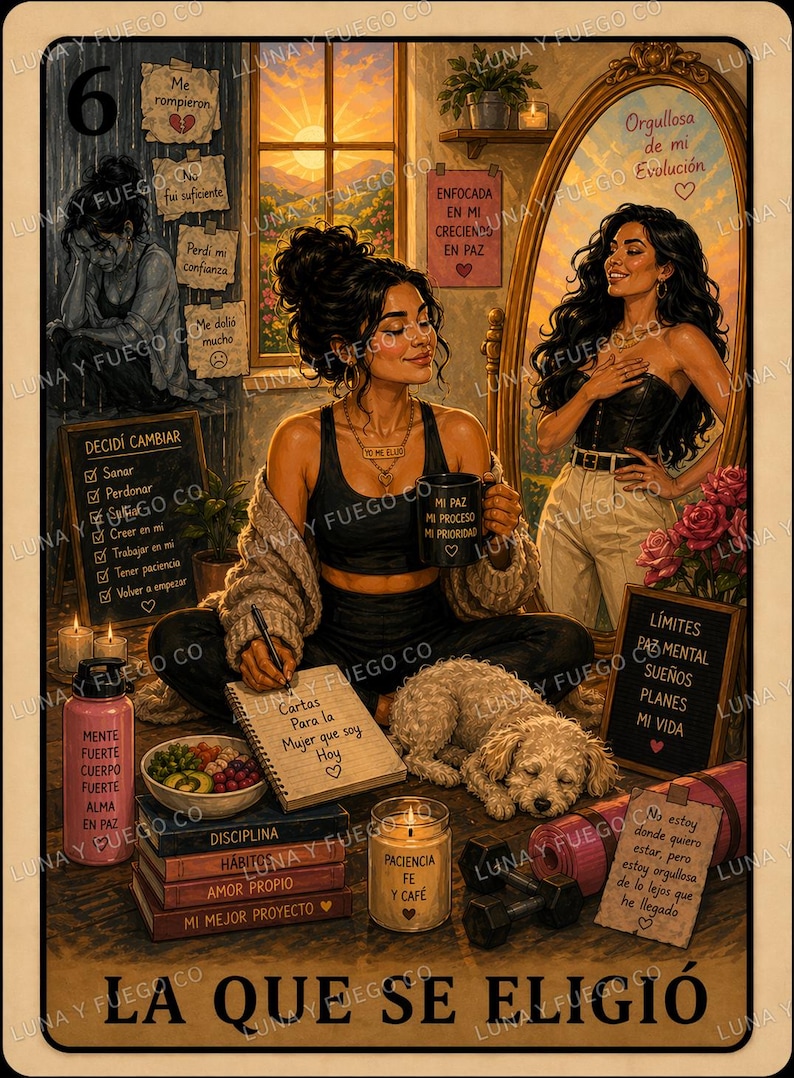 May include: An inspirational art print featuring a woman in a black outfit, writing in a notebook, with a dog, coffee mug, and motivational text. The artwork includes a mirror reflection and various self-care items.