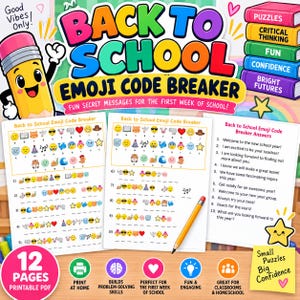 Kodknäckare för emojis till skolan | Pusselaktivitet för hemligt meddelande | Utskrivbar första skolvecka | Isbrytare för klassrummet i PDF-format