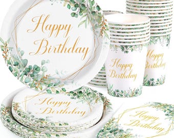 Conjunto de 100 peças de decoração de aniversário verde sálvia, incluindo pratos, guardanapos e copos de papel descartáveis com a frase "Feliz Aniversário". Decoração de aniversário em verde sálvia e dourado.