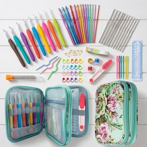 May include: A comprehensive crochet kit featuring a floral-patterned storage case, various colorful aluminum and silver crochet hooks, plastic stitch markers, yarn needles, a measuring tape, a needle gauge, and a seam ripper.