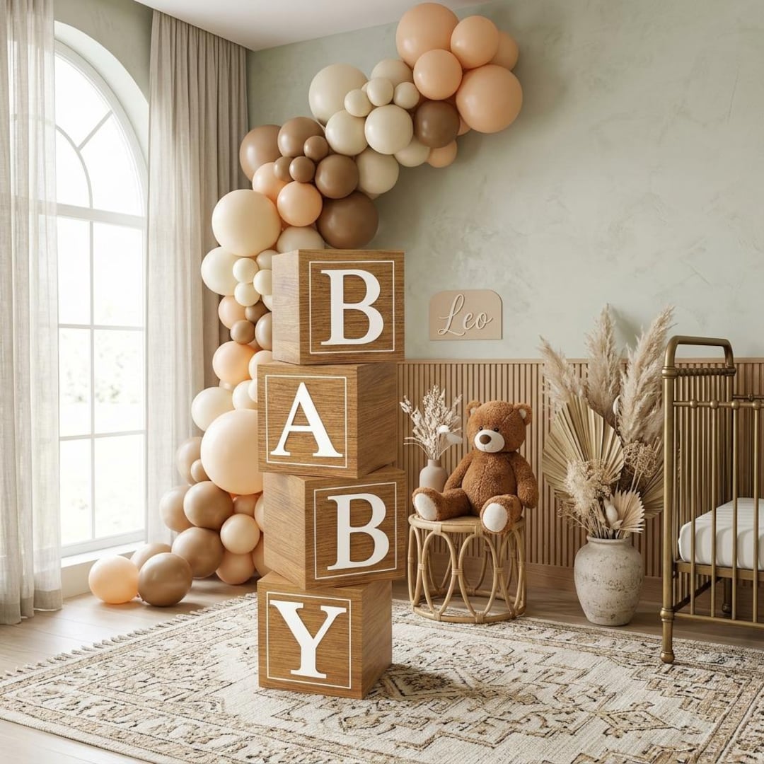 Teddy Bear Baby Shower Boxes, Wood Grain BABY Blocks, First Birthday ...