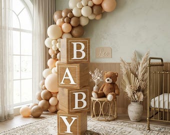 Teddy Bear Baby Shower Boxes, Wood Grain BABY Blocks, First Birthday Decor