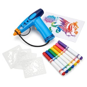 May include: A blue airbrush tool with a black cord, a white sheet featuring a colorful dragon and mandala design, three translucent plastic stencils with unicorn and floral patterns, and seven markers in red, blue, green, yellow, orange, pink, and purple.