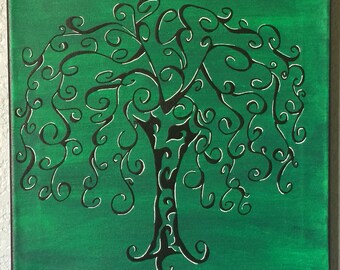 Árbol con espirales modernas, pintura acrílica sobre lienzo, 30 x 30 cm