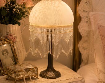 Victorian Beaded Fringe Boudoir Lamp | Frosted Glass Hollywood Regency Table Light