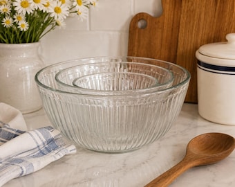 Ensemble de 3 bols à mélanger gigognes en verre sculpté Pyrex vintage - Ustensiles de cuisine nervurés transparents