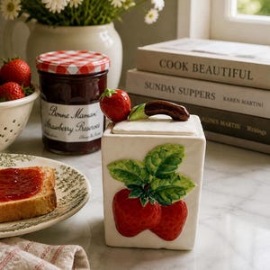 May include: A white ceramic jar with a strawberry design, a jar of Bonne Maman strawberry preserves, and a slice of toast with jam on a plate. A small bowl of strawberries and a vase of daisies are also visible.