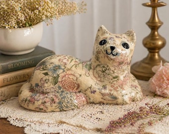 Vintage Floral Decoupage Cat Figurine Doorstop Cottagecore Ceramic Cat Statue Boho Home Decor