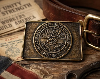 Vintage UPIU AFL-CIO Brass Belt Buckle | United Paperworkers Union Solidarity Emblem