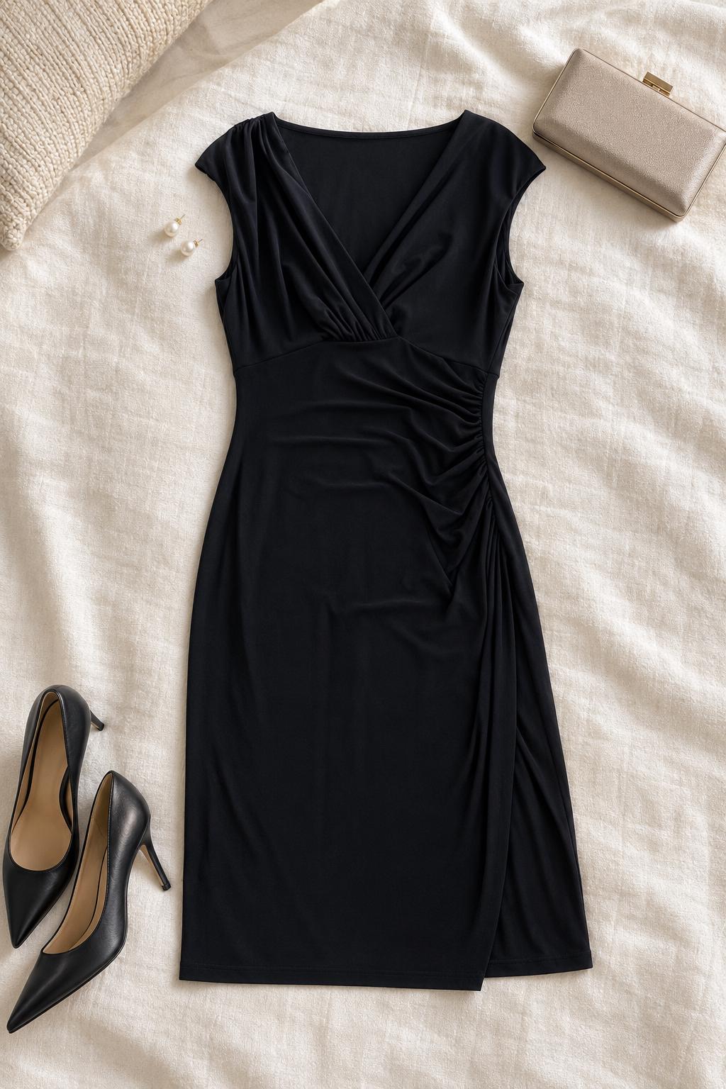 lauren ralph lauren faux wrap jersey dress Black Sheath Size 6 Ruched V-Neck Knee-Length Timeless design and modern