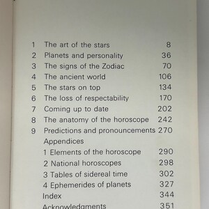 May include: Open book page with a list of contents. The title "Contents" is at the top. The list includes topics like "The art of the stars", "Planets and personality", and "The signs of the Zodiac". Page numbers are listed next to each topic.