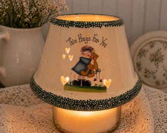 Vintage Ceramic Candle Lamp Shade: Folk Art Hugs, Heart Cutouts, Cottage Decor, Fairy Lamp