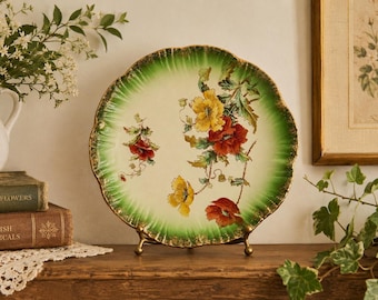 Prato antigo Barker & Kent com papoulas | Porcelana inglesa vitoriana, verde esmeralda com detalhes em ouro