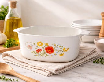 Cazuela vintage Corning Ware Wildflower de 3 cuartos (A-3-B) de cerámica pirocerámica.
