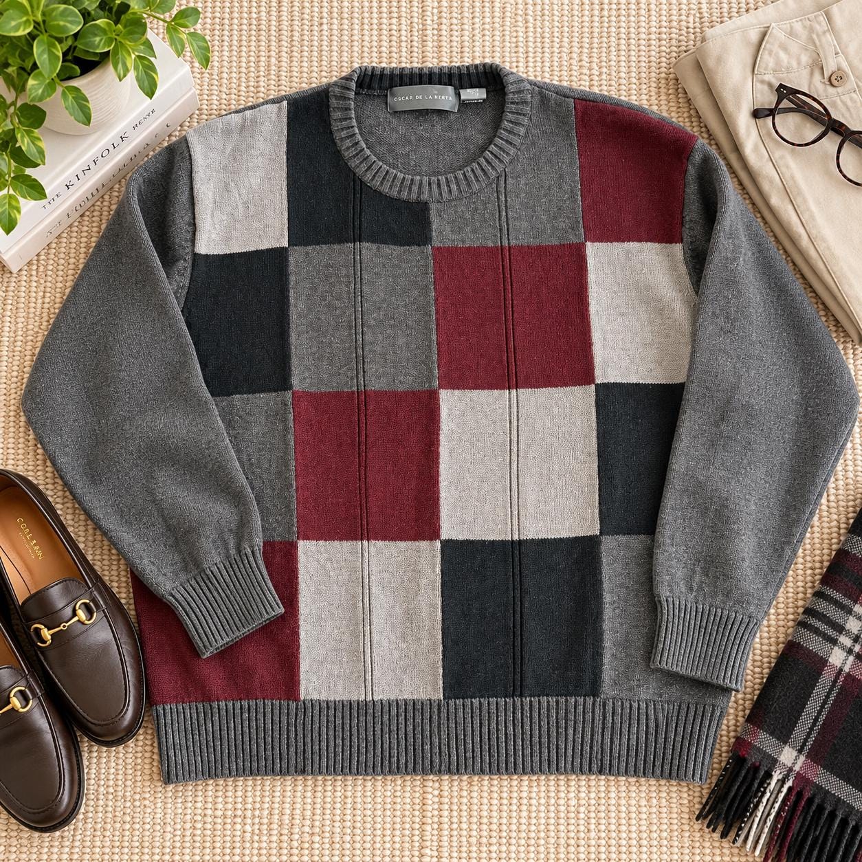Oscar de la Renta, Vintage Oscar de la Renta Men's Colorblock Sweater: Gray, Burgundy, Black Check Knit (XXL)
