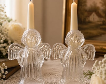 Vintage Clear Glass Angel Candle Holders Set of 2 | Christmas Cherub Decor