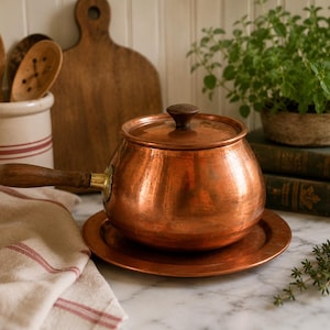 Vintage Tagus Portugal Copper Fondue Pot with Trivet, Wooden Handle Sauce Warmer