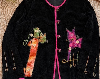 Daniel K Art to Wear Cat Jacket | Black Velour Appliqué Statement Coat XL