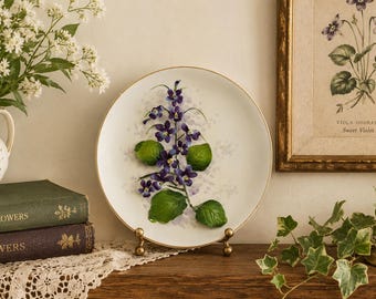 Piatto da parete Lefton dipinto a mano, viola / Decorazione floreale 3D in porcellana, bordo dorato, stile cottagecore