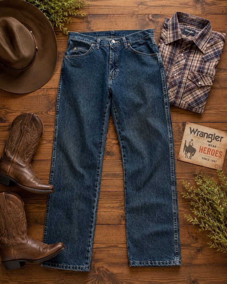 K&ouml;nnte beinhalten: Draufsicht auf Western-Kleidung, darunter blaue Jeans, ein kariertes Button-Down-Hemd, braune Cowboy-Stiefel und ein brauner Cowboyhut. Ein Vintage-Wrangler-Schild ist ebenfalls vorhanden.