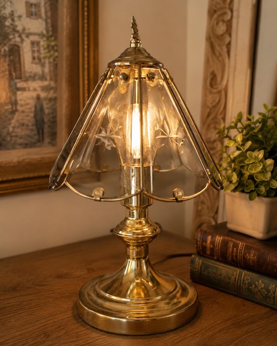 Vintage Brass Smoked Glass Table Lamp | Hollywood Regency Postmodern Accent Lighting