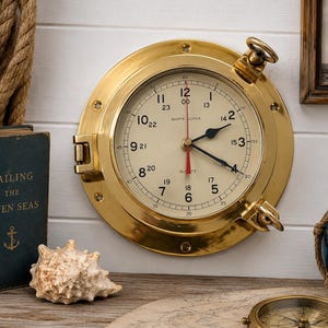 Heavy Solid Brass Porthole Clock | Nautical Maritime Wall Decor, 24 Hour Military Time