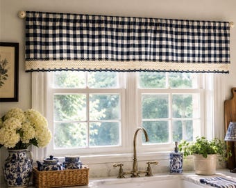 Ensemble de cantonnières Vichy crème bleu Farmhouse Cottage parure de fenêtre avec bordure en dentelle