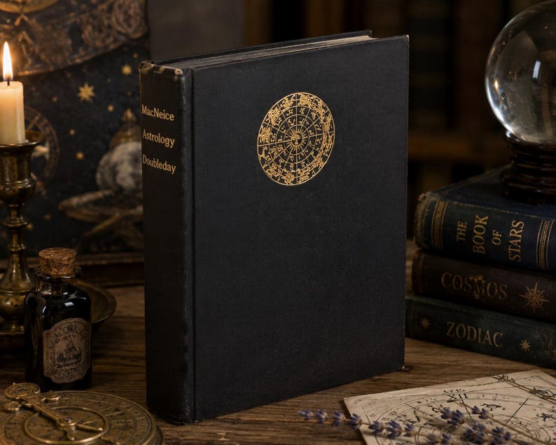 May include: A black book titled "MacNeice Astrology Doubleday" with a gold celestial design on the cover. The book is standing upright on a wooden surface, with other books and a candle in the background. The book's cover has a circular gold design.
