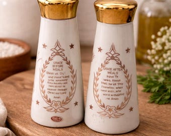 Saleros y pimenteros de porcelana vintage: Grace Before After Meals, Gold Tops