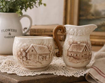 Vintage Japan Log Cabin Creamer Sugar Bowl Set, Raised Winter Scene Ceramic Kitchen Decor