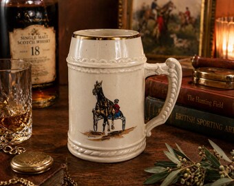 Vintage Noritake Fox Hunt Beer Stein Hand Painted Japan Gold Trim Stoneware Mug Equestrian Barware Collectible
