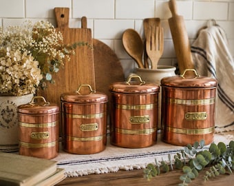 Vintage Copper Brass Canister Set | Farmhouse Cottagecore Kitchen Decor