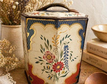 Lata vintage floral octogonal: Caixa de armazenamento de cozinha da Alemanha Ocidental