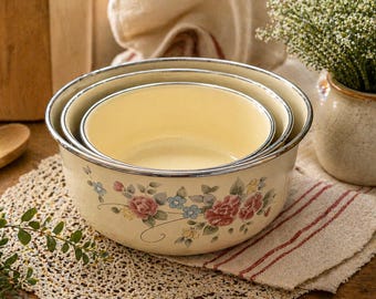 Juego de 3 cuencos apilables de acero esmaltado con diseño floral de rosas de té, estilo vintage de Pfaltzgraff, 1985.