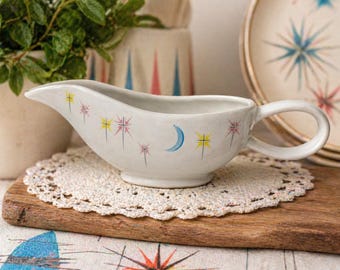 Grasera vintage Denby Dream con diseño de estrella atómica y media luna, estilo MCM (Mid Century Modern), fabricada en Inglaterra.