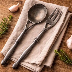 May include: A rustic metal serving spoon and fork set with a matte finish, resting on a beige linen napkin. The spoon has a large, rounded bowl, and the fork has three tines. The set is displayed on a wooden surface, with garlic cloves and rosemary sprigs.