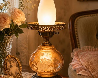 Vintage Amber Glass Gone With the Wind Lamp | Etched Roses Double Globe Hurricane