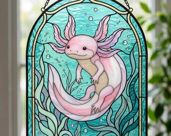 Axolotl Stained Glass Suncatcher, Arched Hand-Painted Window Hanging, Axolotl Decor Gift