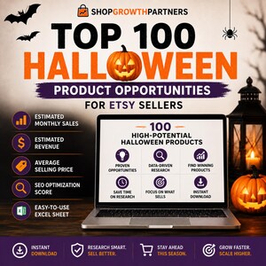 Peut inclure: Un graphique numérique intitulé Top 100 Halloween Product Opportunities for Etsy Sellers montrant un écran d'ordinateur portable avec 100 High-Potential Halloween Products, des icônes de recherche et des indicateurs de ventes et revenus.