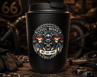Motorrad-Reisebecher, Biker-Kaffeebecher, isolierter Edelstahlbecher, Totenkopf-Fahrer-Becher, Geschenk für Motorradfans, Stahl-Bison