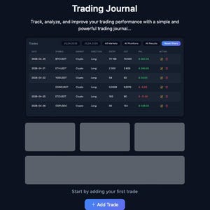 May include: A dark blue digital interface for a trading journal. The interface displays a table with trading data, including date, symbol, market, direction, entry, exit, and PNL. The text "Trading Journal" is at the top, with a call to action button that says "+ Add Trade".