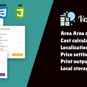 Könnte beinhalten: Eine digitale Oberfläche für VentaCalc, eine Taschenrechner-Anwendung. Das Bild zeigt die Logos HTML5, CSS3 und JavaScript sowie Berechnungsfunktionen wie Flächen- und Kostenberechnung, Lokalisierung und Preiseinstellungen.