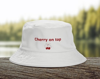 Embroidered Cherry on Top Bucket Hat For Bride and Squad Retro Coquette Bridal Hat
