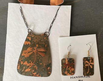 Handmade Copper Jewelry Set Dragonfly Necklace Earrings Cuff Bracelet Signed GPW Gina One of a Kind Patina Artisan Set