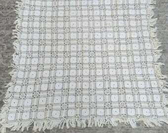 Vintage Knitted Crocheted tablecloth 36x40, Ivory w/ gold thread around squares