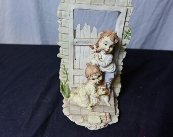 Children Figurine with Cat and Dog - Ceramic