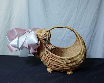 Wicker Duck Basket with Pink Bow